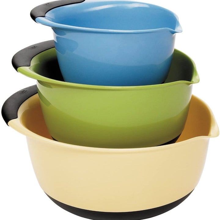 three oxo pourable mixing bowls stacked together 