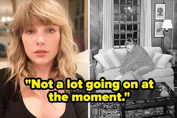 Taylor Swift's Folklore selfie and her sitting on a couch, both captioned "not a lot going on at the moment"