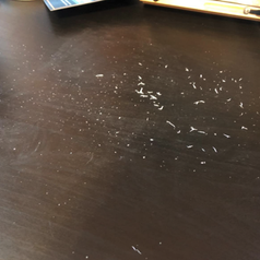 reviewer photo showing eraser shavings on their desk