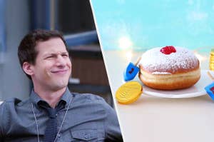 Jake Peralta looking at a donut in confusion