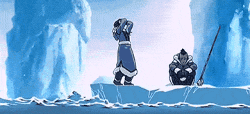 Katara angrily rants and moves her arms around as Sokka sits on a floating piece of ice, and behind Katara she accidentally waterbends, making the waters rocky