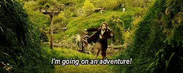 Bilbo Baggins in &quot;The Hobbit: An Unexpected Journey&quot; running and saying &quot;I&#x27;m going on an adventure!&quot;