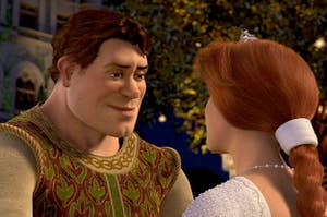 Human Shrek and Fiona staring into each other's eyes 