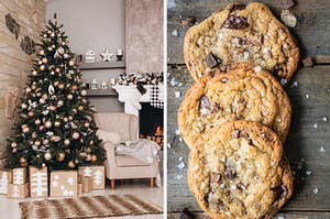On the left, a Christmas tree in a corner of a living room with presents underneath it, and on the right, chocolate chip cookies with flaky sea salt on top