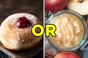 On the right, sufganiyot, and on the right, a bowl of applesauce with "or" typed in between the two images