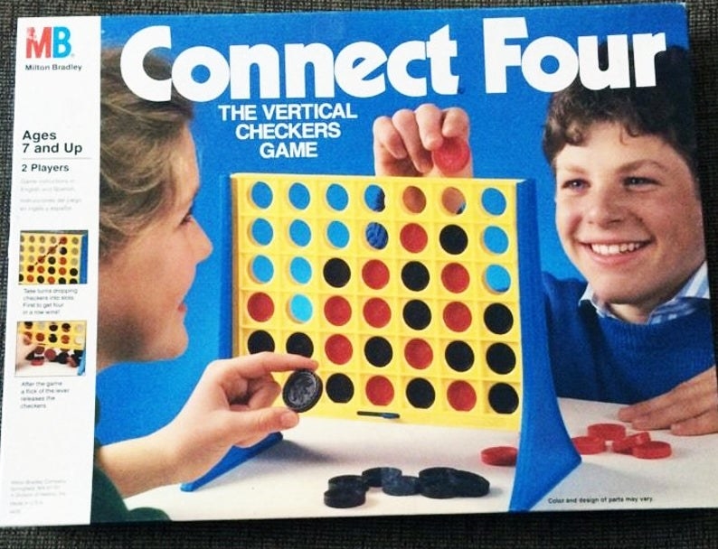 A Connect Four box featuring two kids playing it on the cover