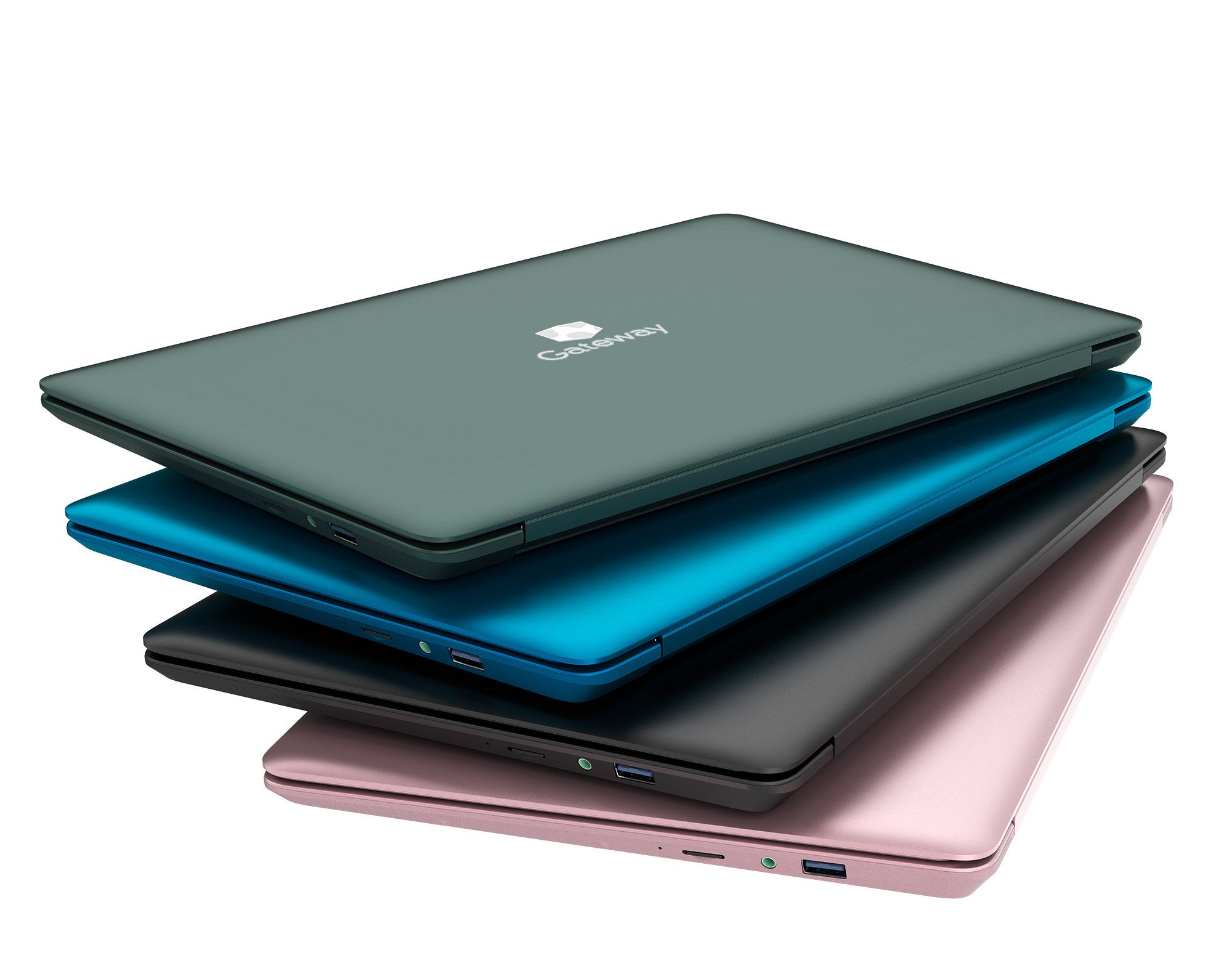four gateway notebook laptops in green, blue, black, and pink