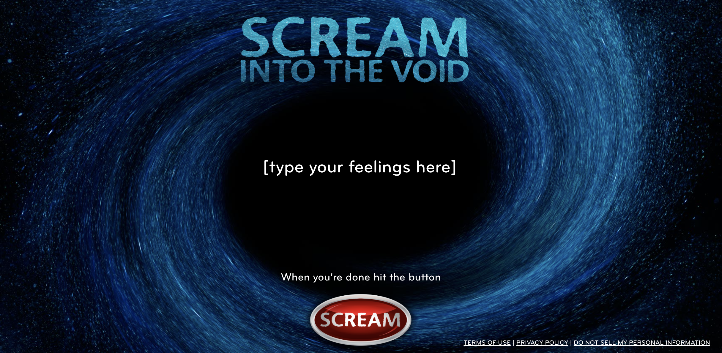 dark void image with the title &quot;scream into the void&quot; and a place to type your feelings then hit &quot;scream&quot;