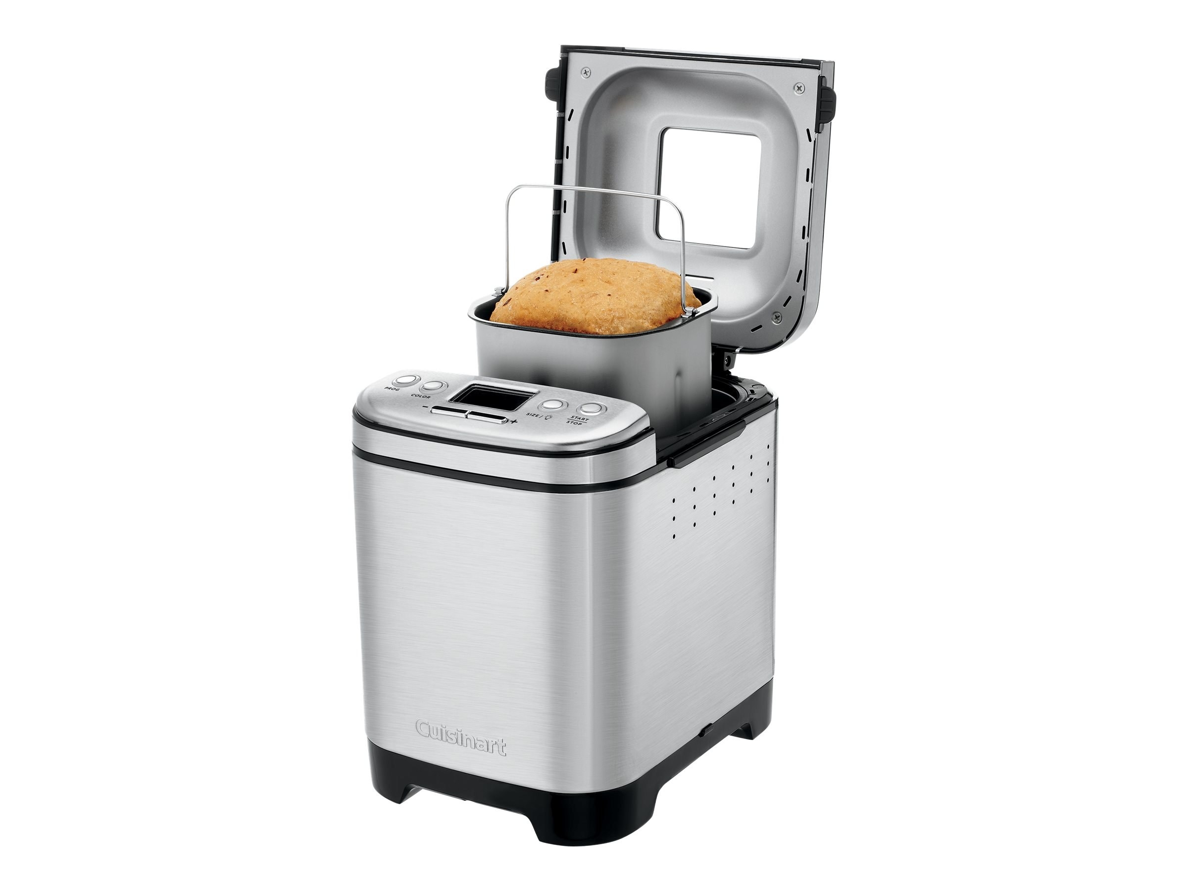 the bread maker with bread inside of it and the cover open