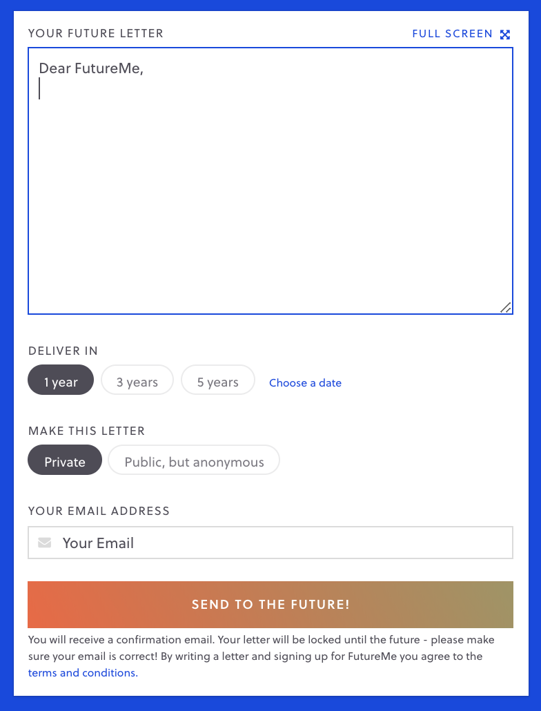 email box to your future self, with a place to write and input when you want it delivered