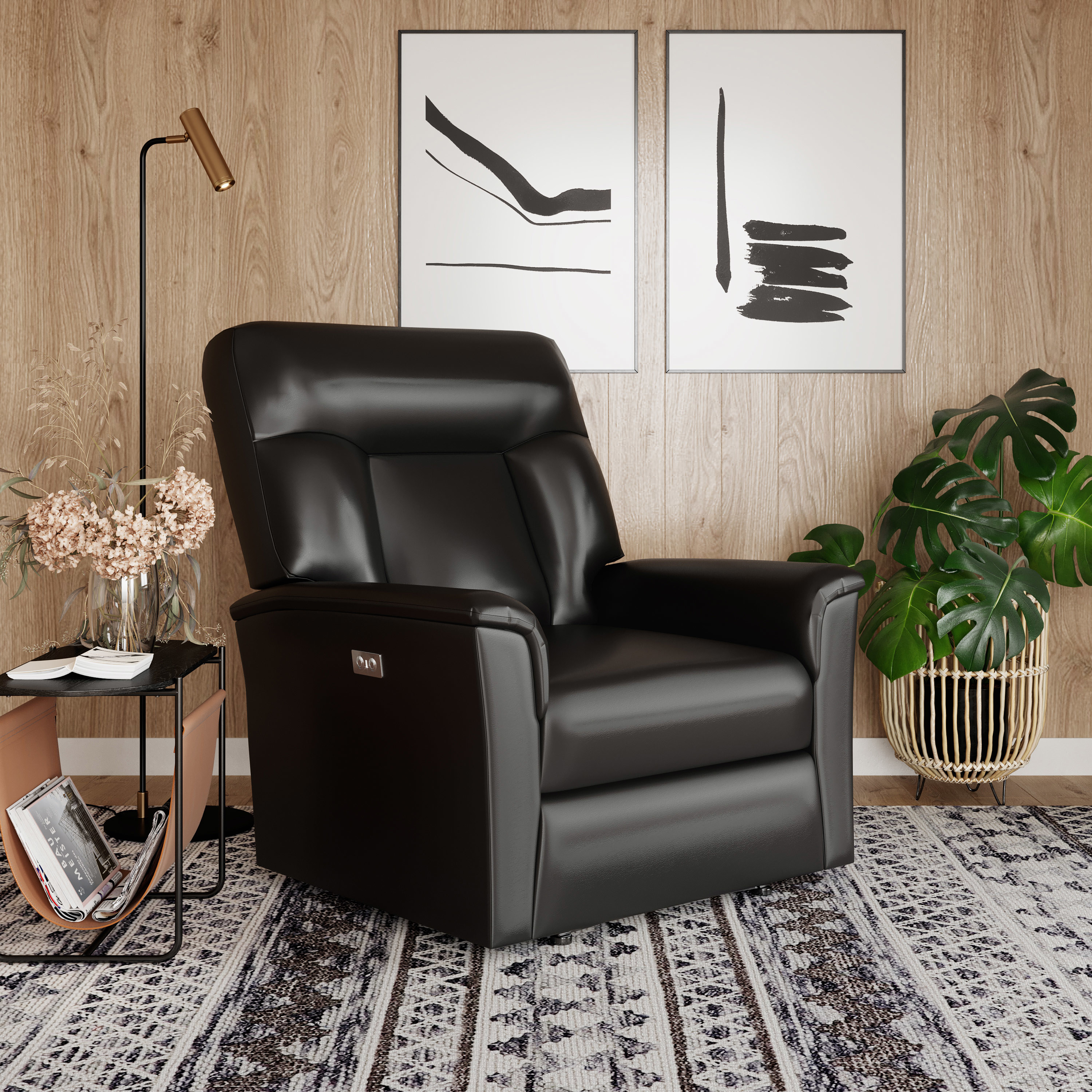 black faux leather recliner chair in a living room