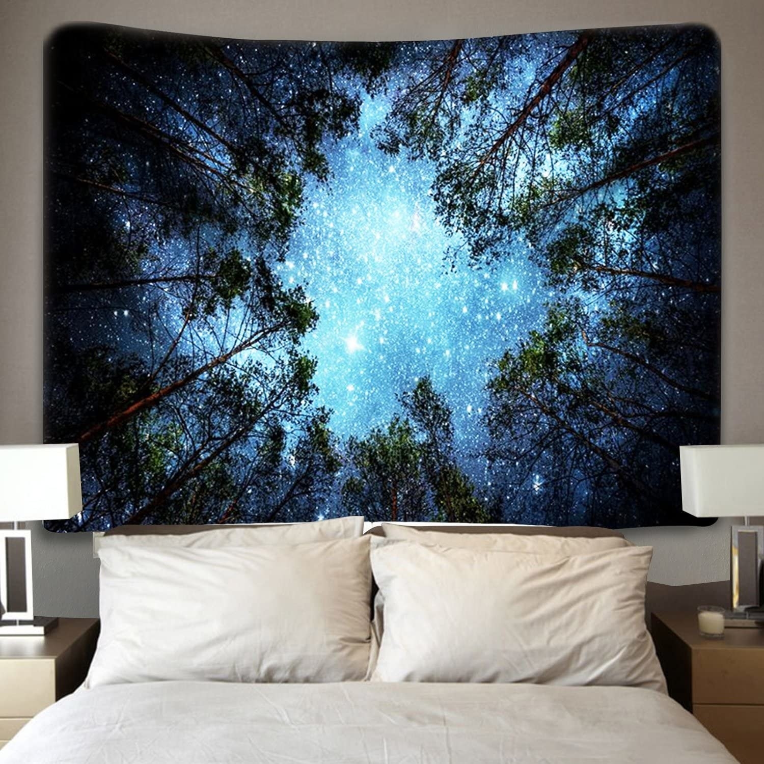 the tapestry behind a bed 