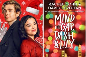 Promo images of the Dash and Lily Netflix series next to the book cover of Mind the Gap, Dash & Lily by Rachel Cohn & David Levithan