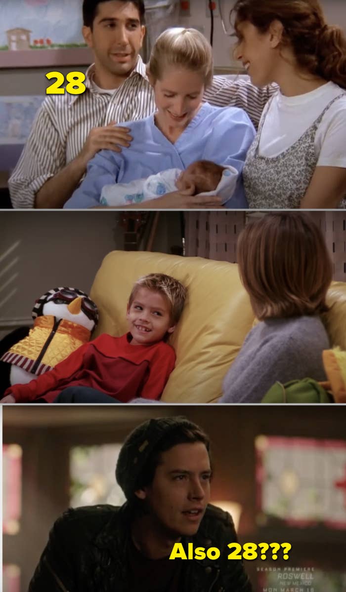 Side-by-sides of Ross holding Ben in the delivery room, then Ben as a child, then Cole Sprouse as an adult in &quot;Riverdale&quot;