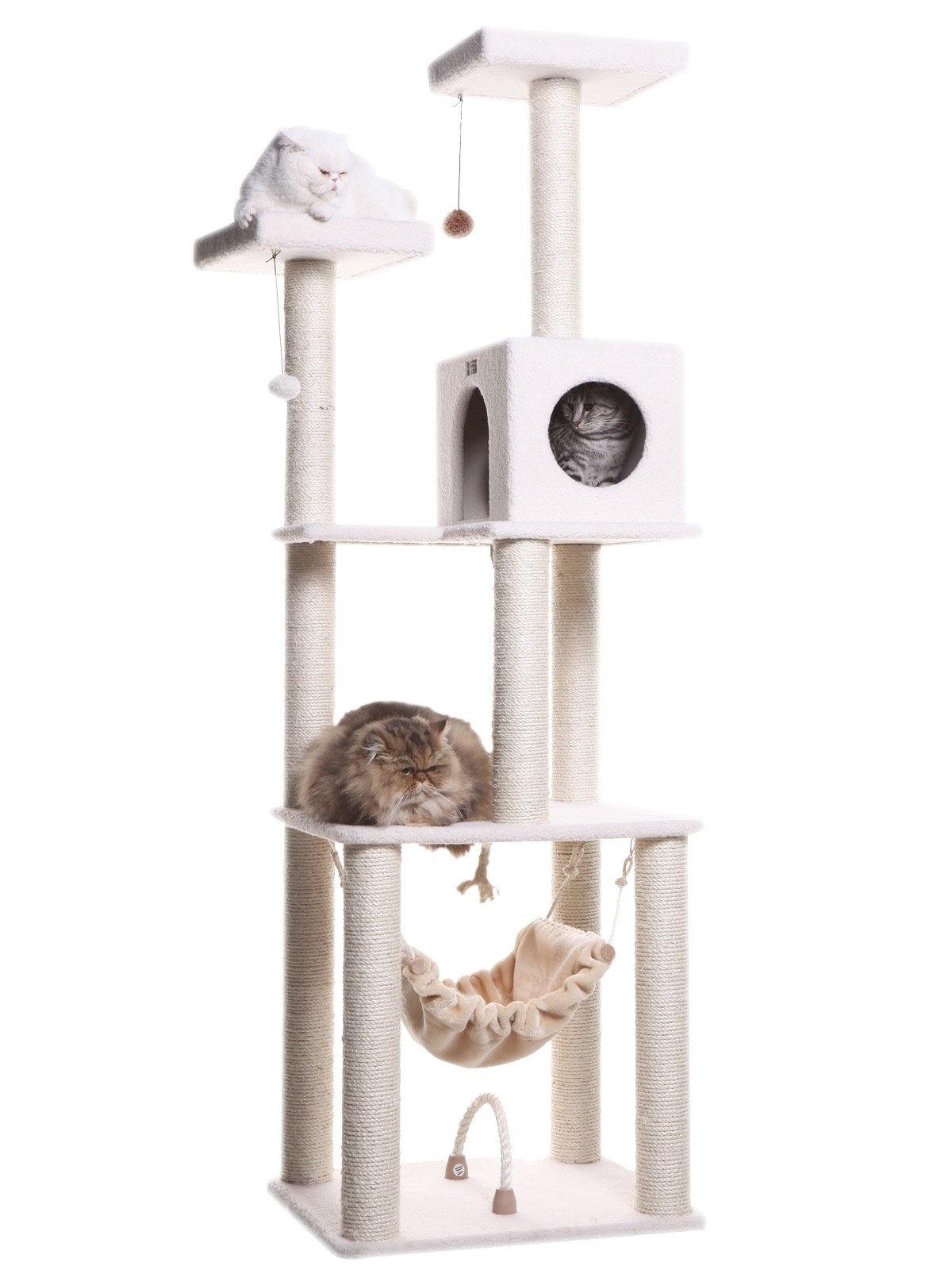 white cat condo tree with three cats in it