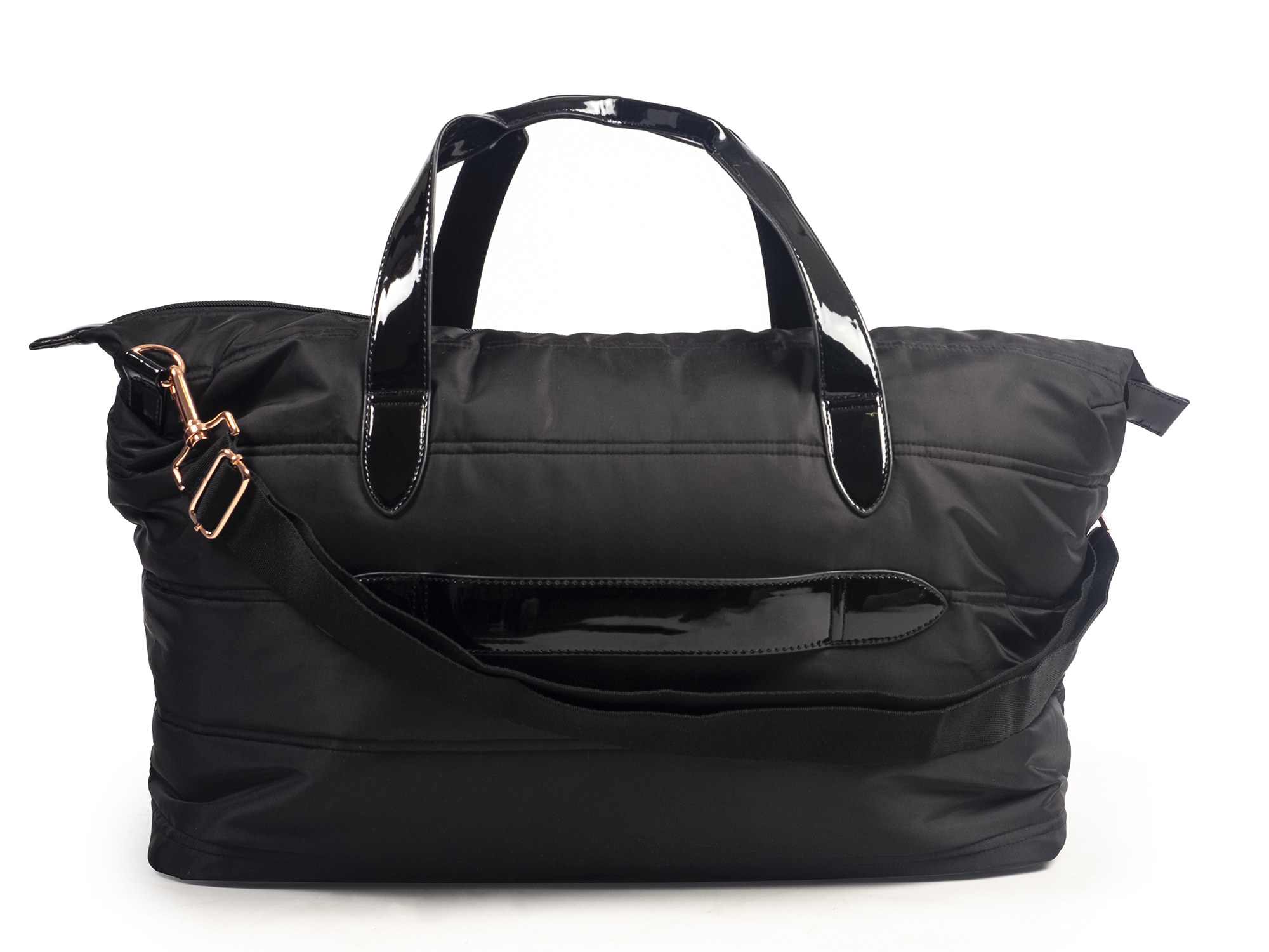 black weekender bag with a shoulder strap and trolley sleeve