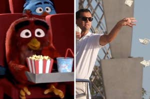 Side by side image of an animated character at the movies next to a man throwing money away