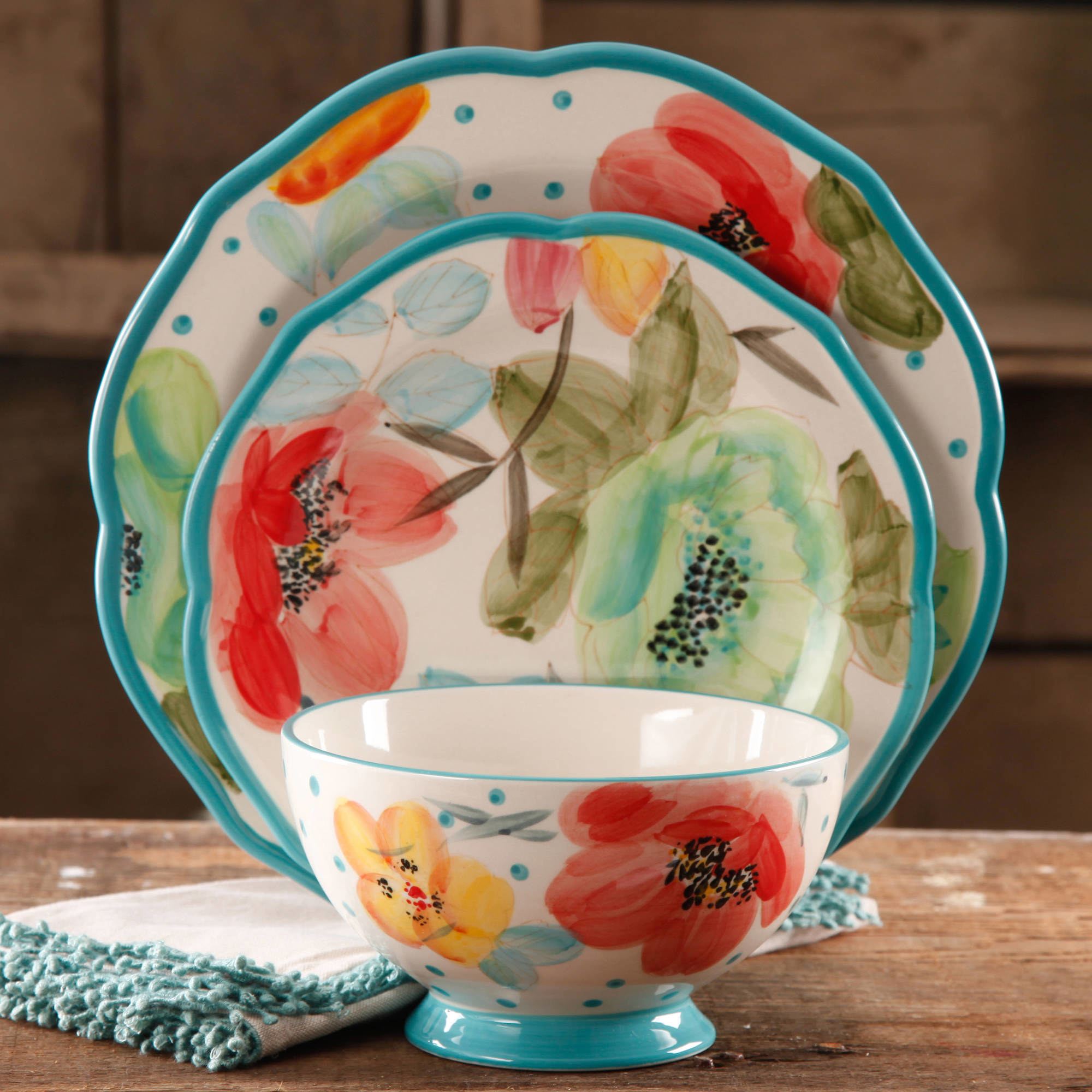 teal and white floral large plate, small plate, and bowl