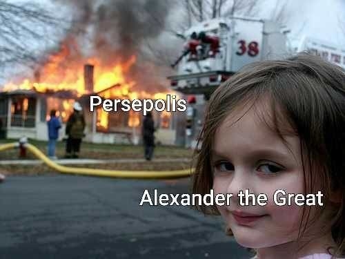 The little girl is Alexander the Great, and the burning house is Persepolis