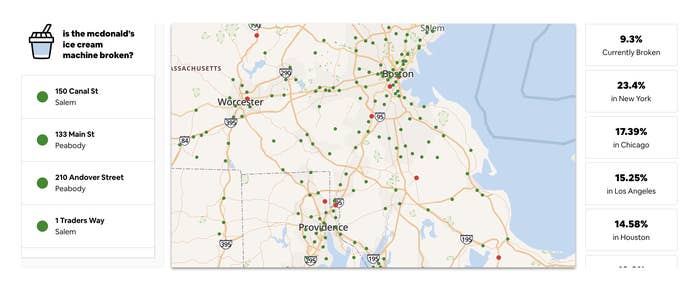 map showing McDonald&#x27;s locations and if the machine is down, with percentages of how many machines are down in different places