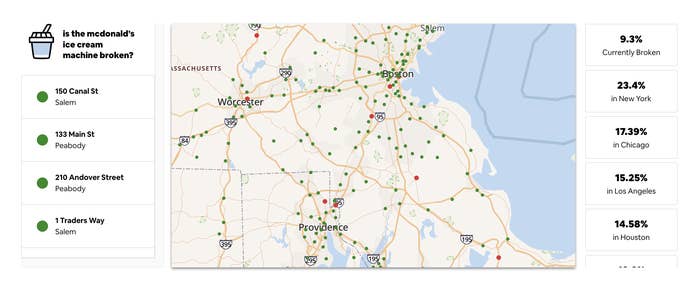 map showing McDonald's locations and if the machine is down, with percentages of how many machines are down in different places