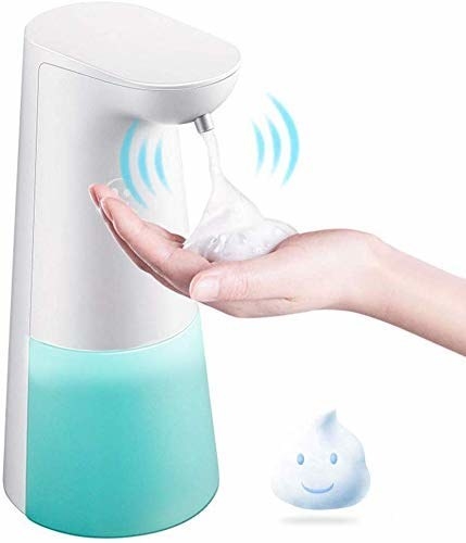 A blue and white soap dispenser