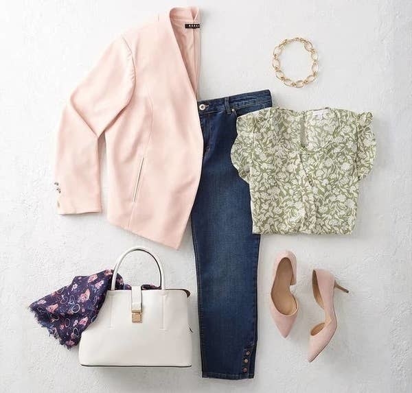 Clothing from Dia &amp;amp; Co including jeans, pumps, a blazer, a blouse, a bracelet, a scarf, and a handbag