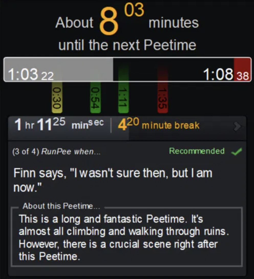 screenshot of an example page for a Star Wars film, telling you that the next pee time is 8 minutes away and describing what happens during that part of the film