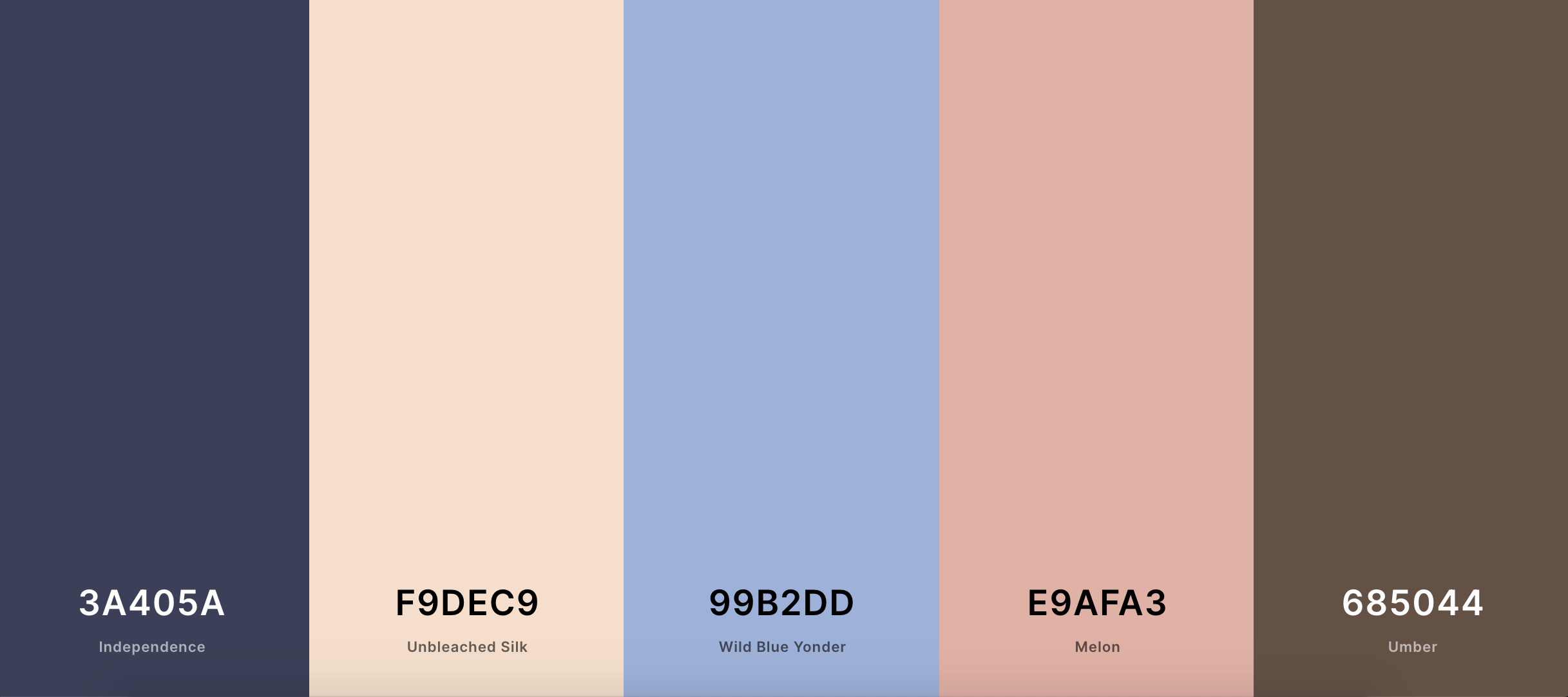 five different colors with names and labels next to each other