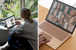 A person using a Surface pen to scroll on a tablet and a person on a video call on a laptop
