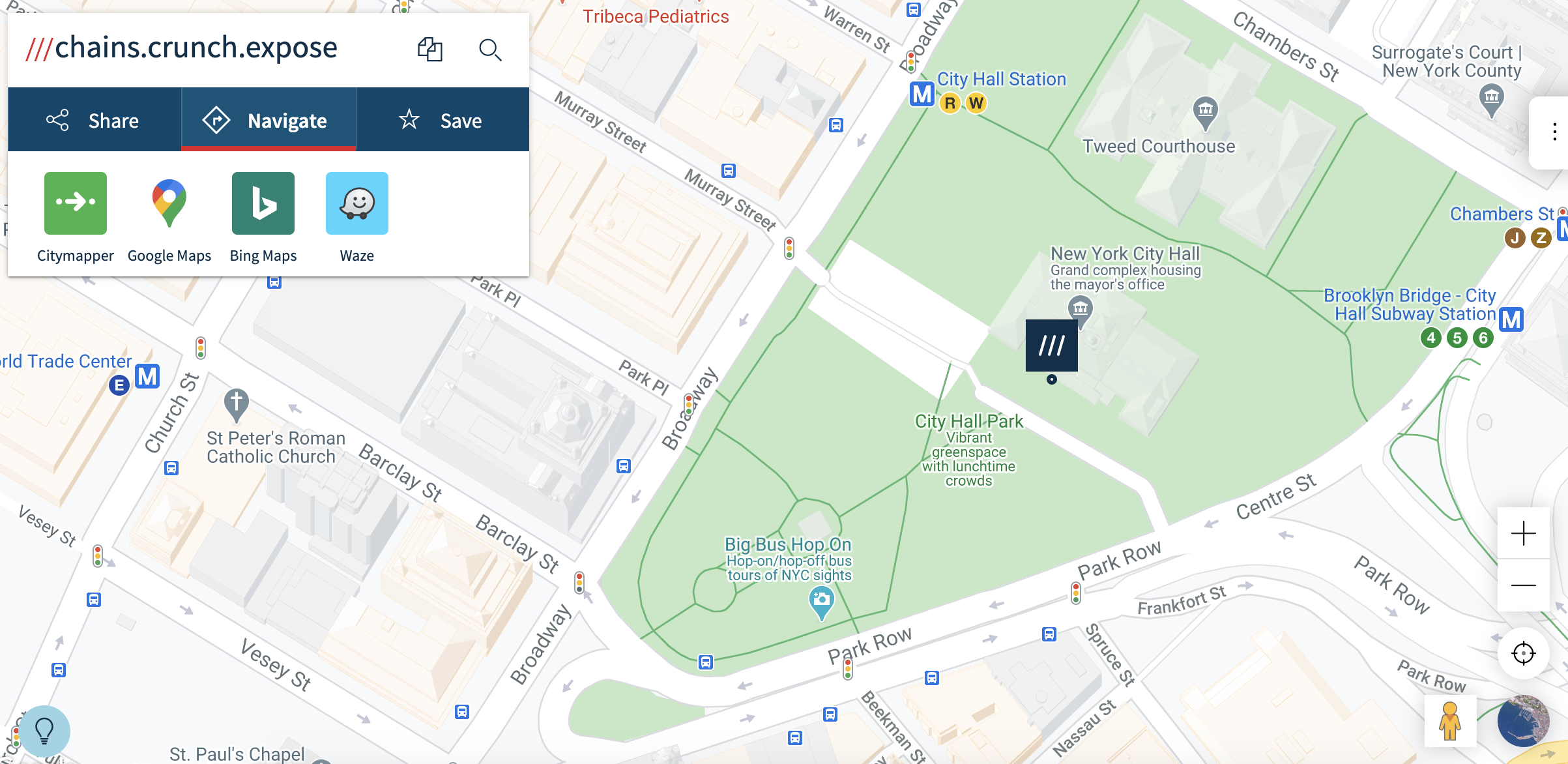 a map with New York City Hall on it and a connection to other apps to use to navigate