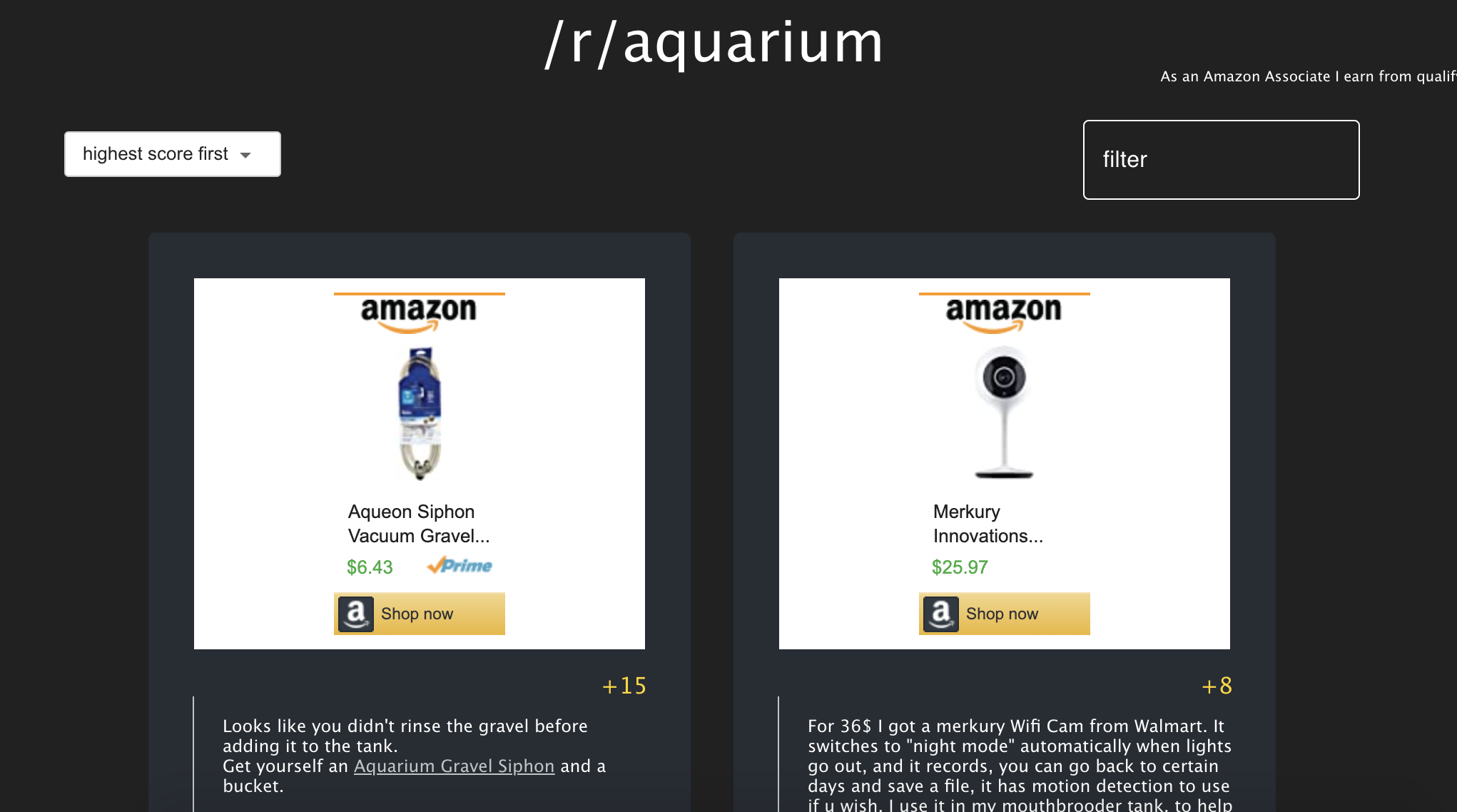 picture of amazon aquarium products with how many upvotes they got on Reddit