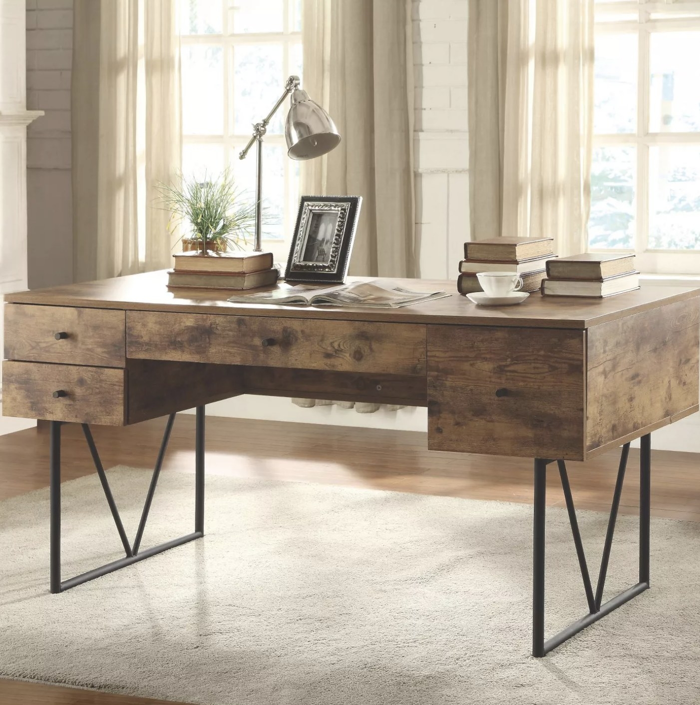 The wood desk in a living space