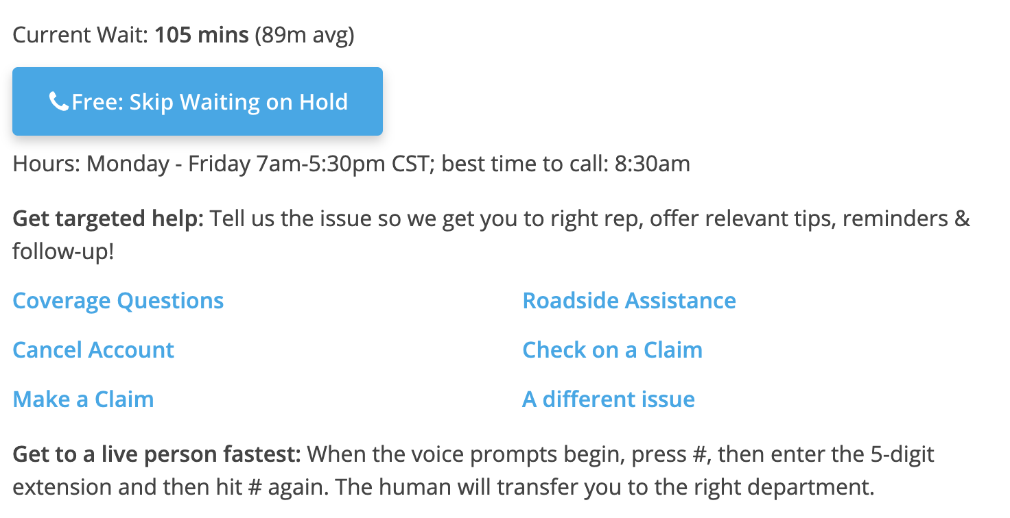 button to skip waiting on hold with hours for the company and a wait time
