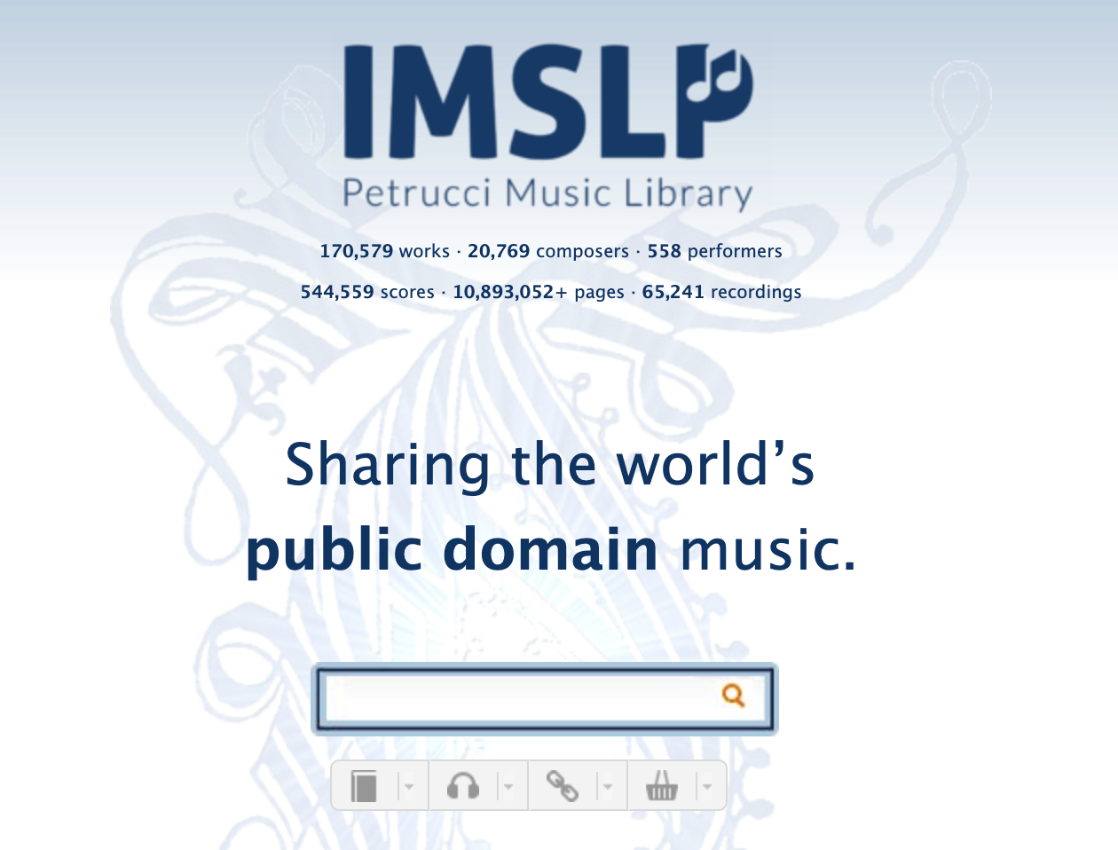 IMSLP home page that advertises sharing the world&#x27;s public domain music with a search bar