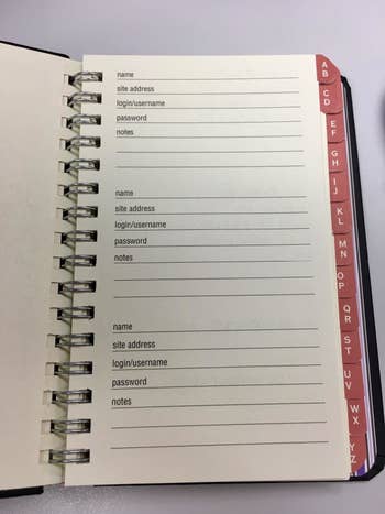 A reviewer's photo of the alphabetically-organized log book which has space for information including name, site address, login, password, and notes