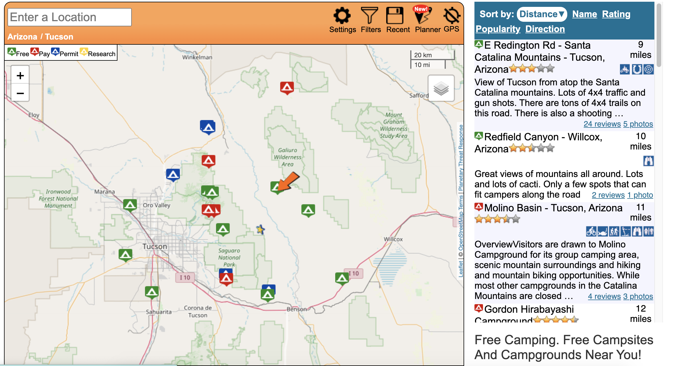 map with little icons of campsites and reviews on the right side