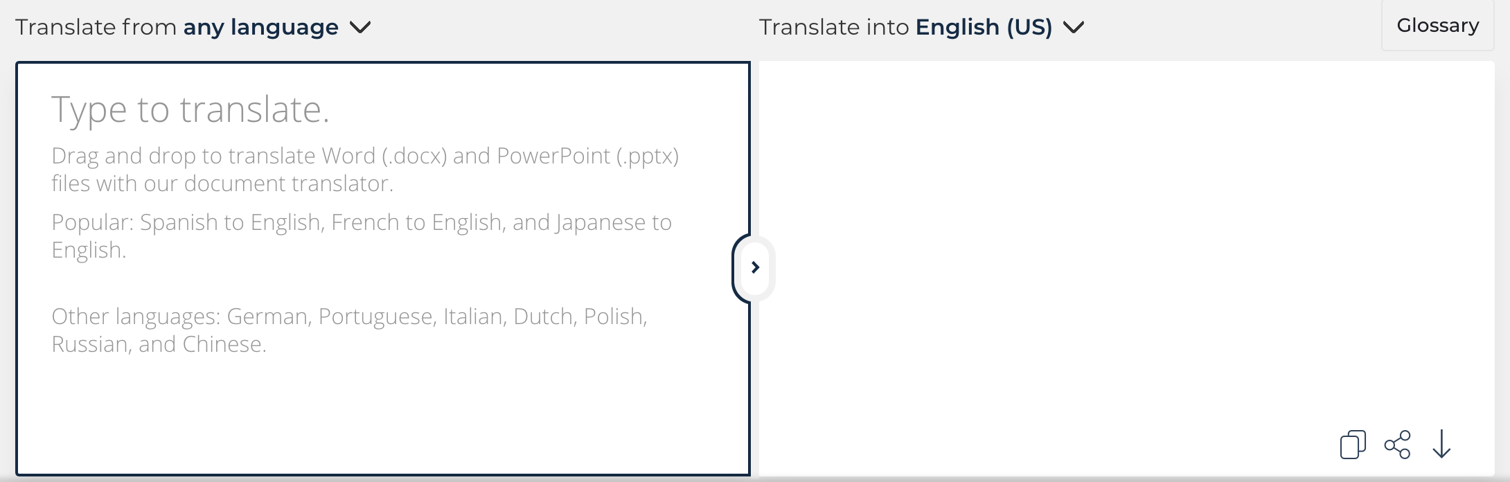 translation page where you can type in one language and translate to another