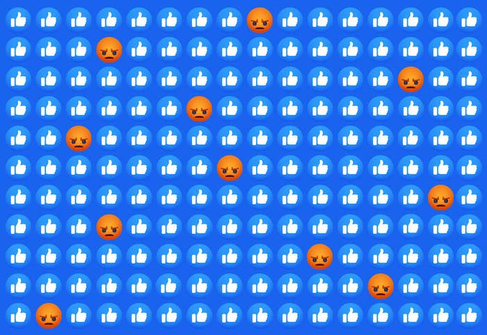 Facebook&#x27;s &quot;like&quot; reaction emojis are seen with &quot;angry&quot; reaction emojis interspersed throughout