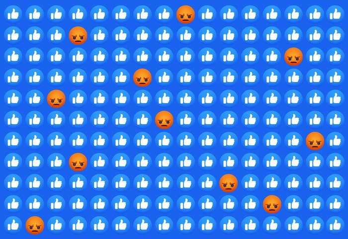 Facebook's "like" reaction emojis are seen with "angry" reaction emojis interspersed throughout