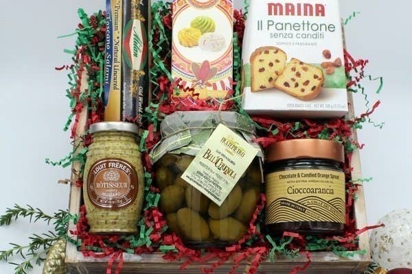 a box filled with various gourmet italian goodies