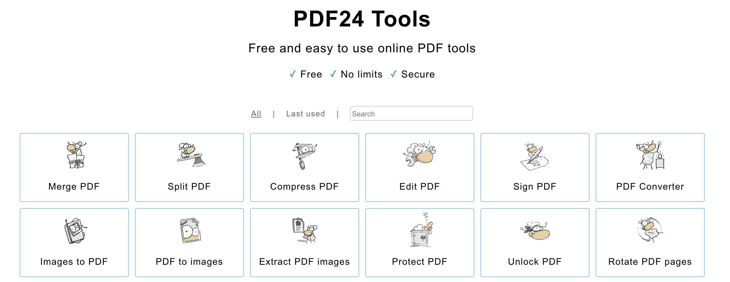 a page with a bunch of options, like merge, compress, edit, or split PDF