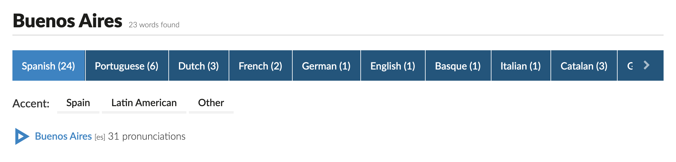 the word Buenos Aires with a bunch of languages and a play button for pronunciation