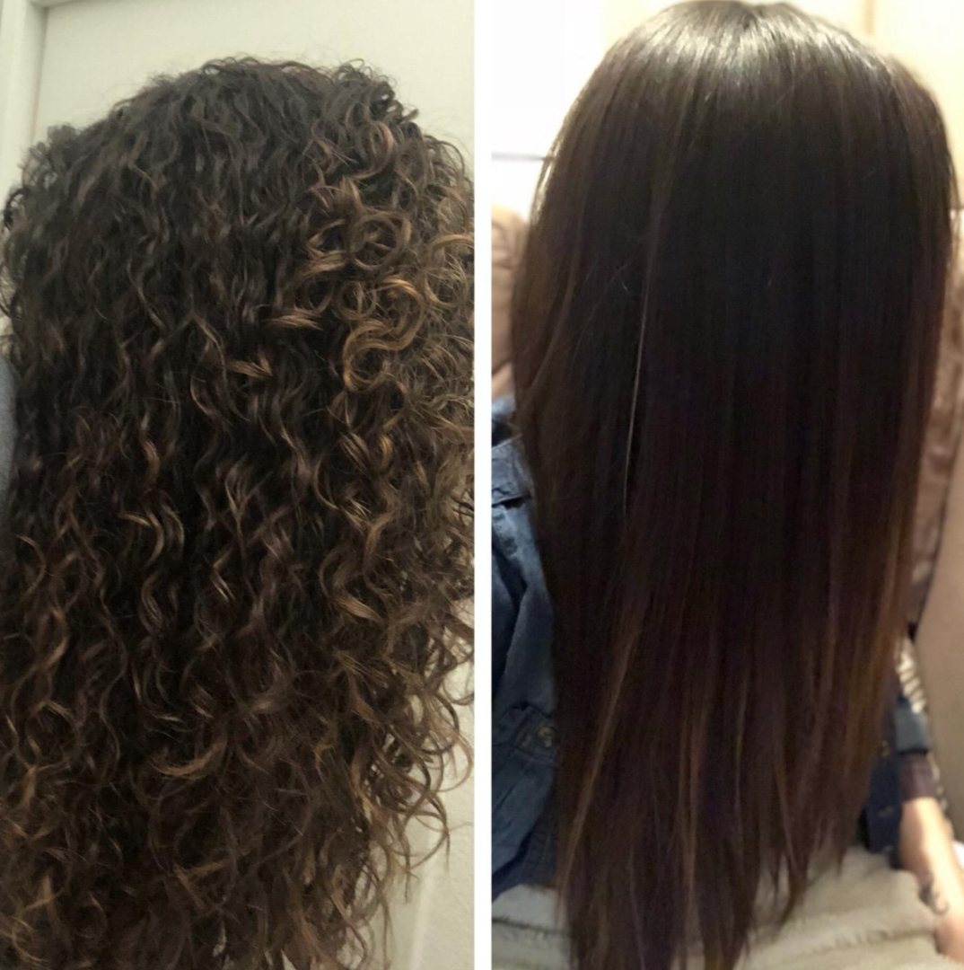 A reviewer&#x27;s curly hair before using the product / A reviewer&#x27;s pin-straight hair with the product