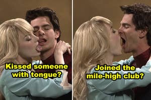 Emma Stone and Andrew Garfield kissing each other awkwardly during a sketch on "SNL"