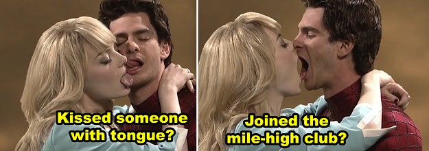 Emma Stone and Andrew Garfield kissing each other awkwardly during a sketch on
