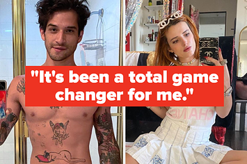 Bella thorne and tyler posey taking mirror selfies with the text "it's been a total game changer for me"