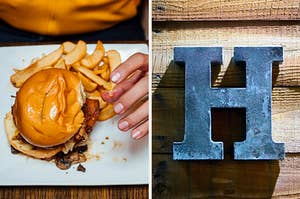 On the left, a bacon cheeseburger on a plate with fries, and on the right, the letter H