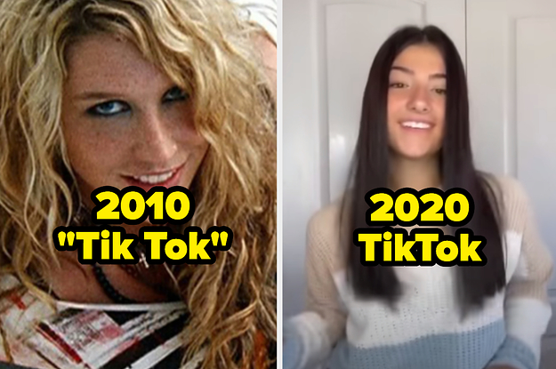 Kesha in the "tik tok" music video with the text "2010 tik tok" and charlie d'amelio dancing with the text "2020 tiktok"