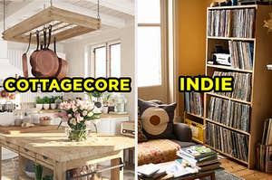 On the left, a kitchen with a wooden counter with flowers on the table and pots hanging above it labeled "Cottagecore," and on the right, a living room with bookshelves filled with vinyl records labeled "Indie"